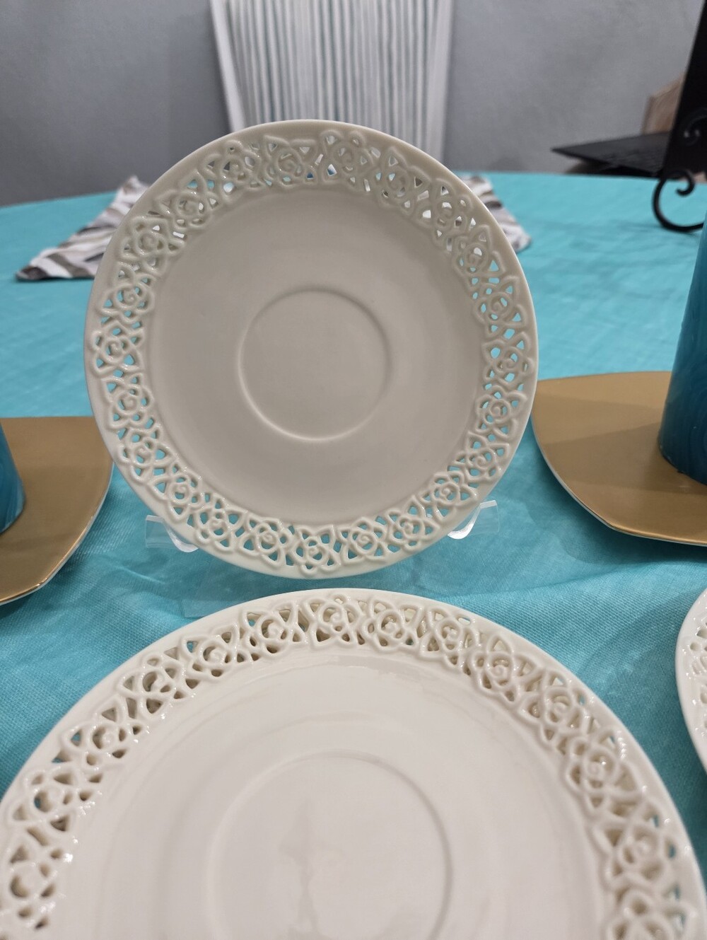I. Godinger & Co. Cream Lace Saucers With Pierced Rose Pattern (8)